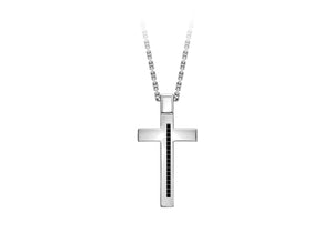Hoxton London Men's Sterling Silver Stone Black Zirconia  Cross Adjustable Necklace