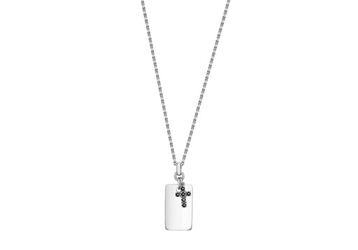 Hoxton London Men's Sterling Silver Black Sapphire Set Cross and Dog Tag Adjustable Necklace