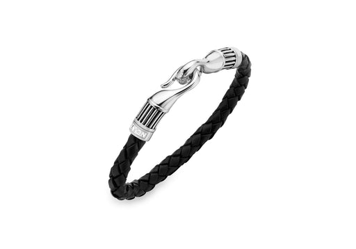 Hoxton London Men's Sterling Silver Bold Leather and Silver Ribbed Hook Bracelet
