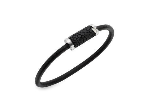 Hoxton London Men's Sterling Silver Black Leather Inlay Silver Magnetic  lasp Bracelet