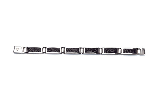 Hoxton London Men's Sterling Silver Black Link Leather Inlay Bracelet