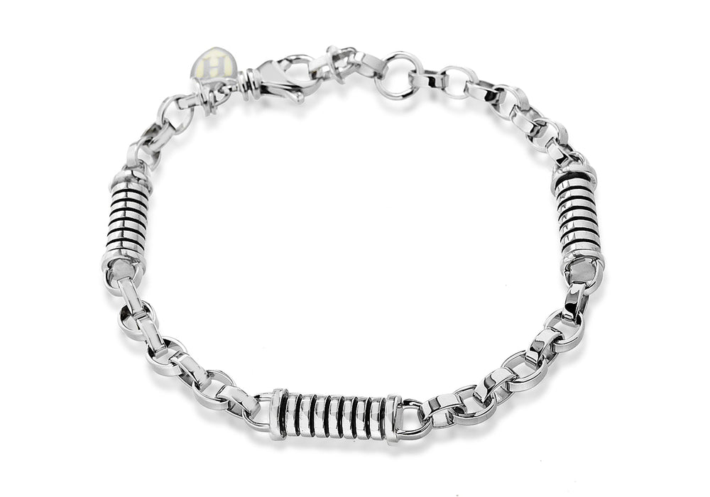 Hoxton London Men's Sterling Silver Stripe ylindrial Link Adjustable Bracelet