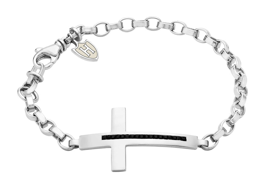 Hoxton London Men's Sterling Silver Stone Black Zirconia  Cross Adjustable Bracelet