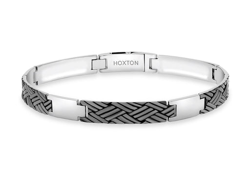 Hoxton London Men's Sterling Silver Bamboo Woven Pattern Bar Oxidised  Bracelet