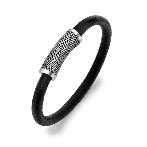 Hoxton London Men's Sterling Silver Bamboo Woven Pattern Silver and Leather Bracelet