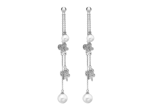 18ct White Gold Pearl & Butterfly Drop Earrings 