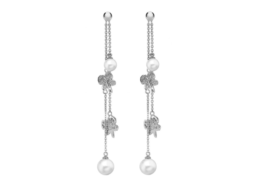 Pearl & Butterfly Drop Earrings 18ct White Gold 