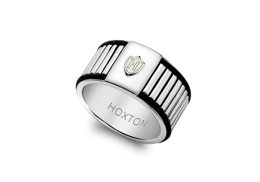 Hoxton London Men's Sterling Silver Bold Leather Ribbed Ring