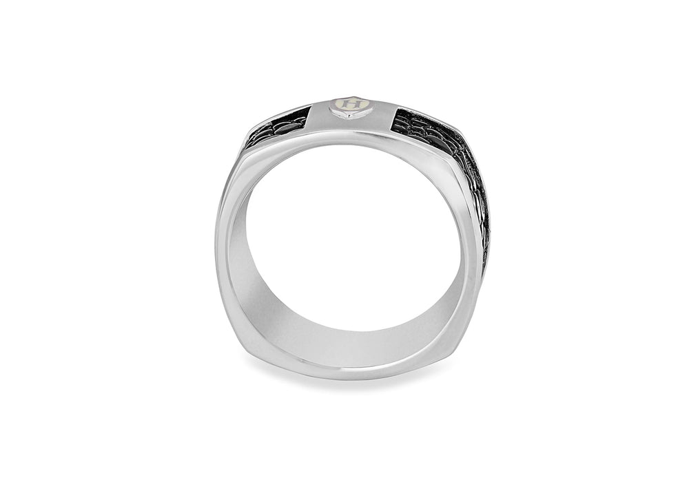 Hoxton London Men's Sterling Silver Black Leather Inlay Ring