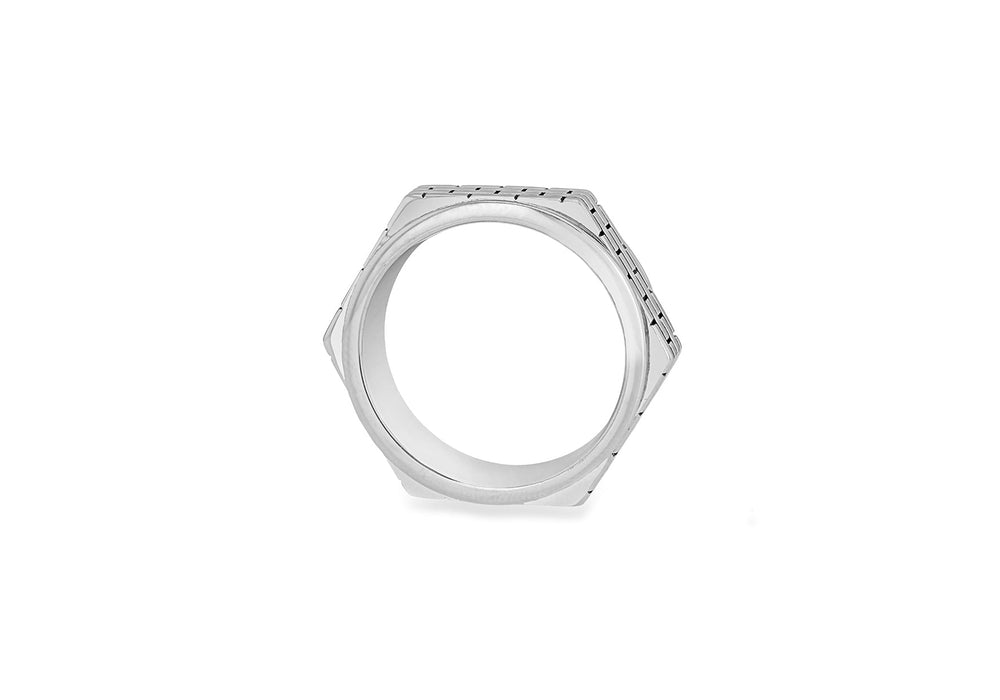 Hoxton London Men's Sterling Silver Brick Patterned Hexagonal Spinning Ring