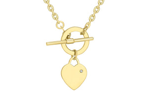9ct Yellow Gold Diamond Set Heart Tag T-Bar Trace Chain Necklace