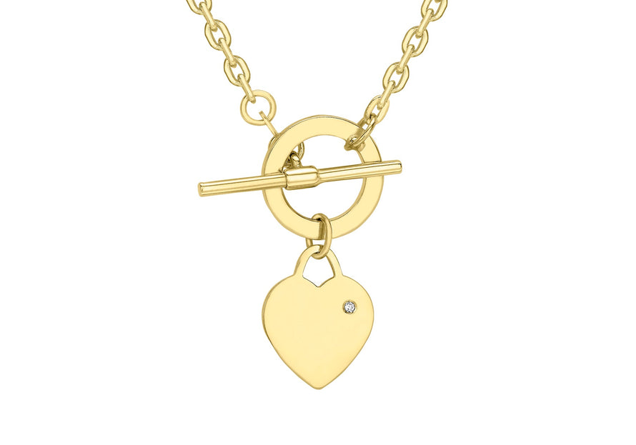 9ct Yellow Gold Diamond Set Heart Tag T-Bar Trace Chain Necklace
