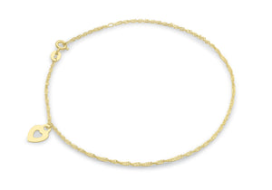 9ct Yellow Gold Heart and Twist Curb Chain Anklet 23m/9"9