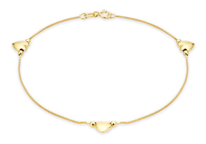 9ct Yellow Gold 3-Heart Charm Box Chain Anklet 26m/10.5"9