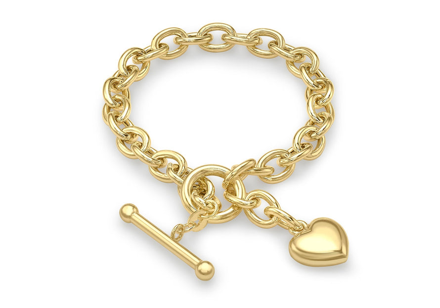 9ct Yellow Gold Heart T-Bar Belcher  Bracelet 19m/7.5"9