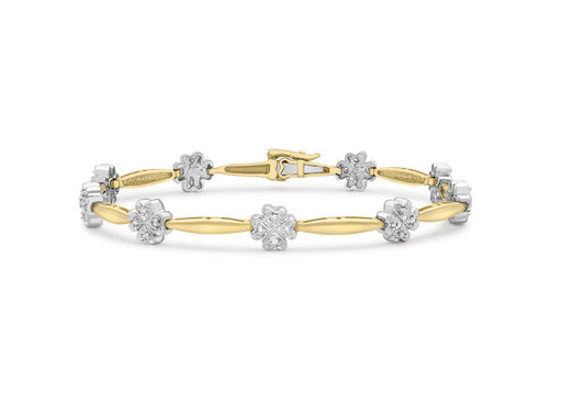 9ct 2-Colour Gold 0.25t Diamond Flower Bar Link Bracelet 19m/7.5"9