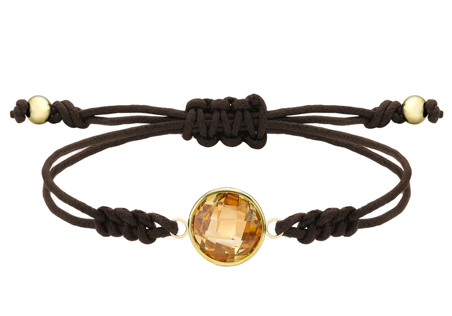 Gold Round Orange CZ on Brown Cord Adjustable Bracelet 