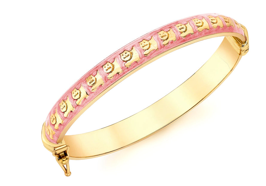 9ct Yellow Gold Oval Pink Enamel Cat Detail Child's Bangle