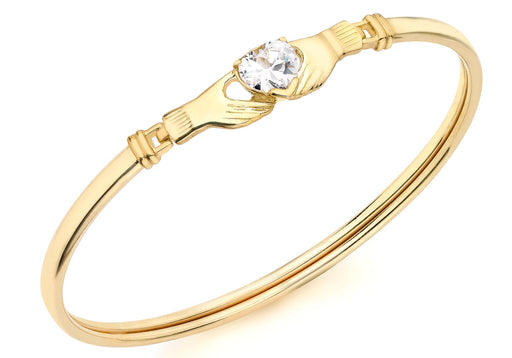 9ct Yellow Gold Claddagh and Heart Zirconia Detail Bangle