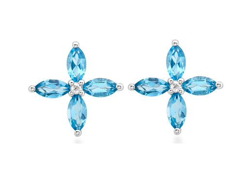 9ct White Gold 0.04t Diamond and Blue Topaz Flower Stud Earrings