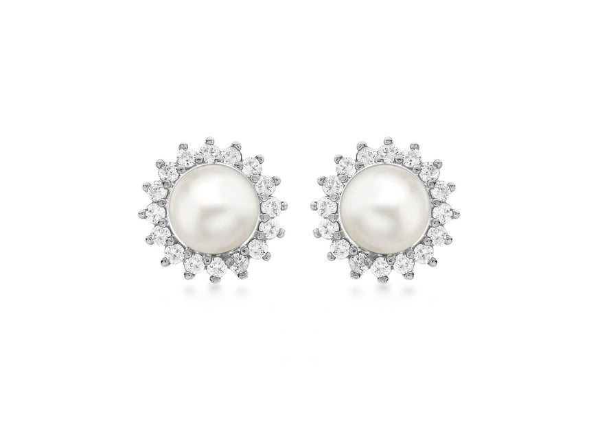 9ct White Gold 0.25t Diamond and Pearl Cluster 10mm Stud Earrings