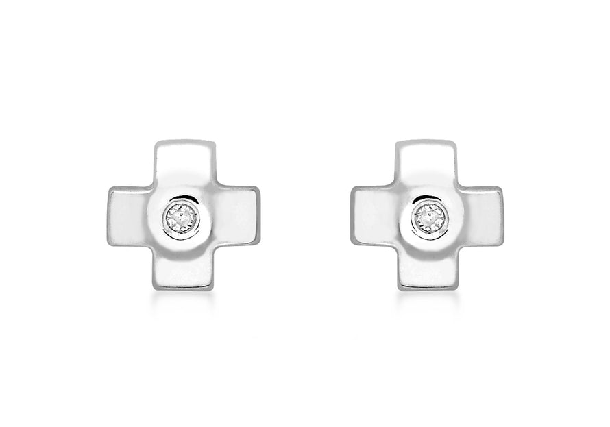 9ct White Gold 0.019ct Diamond Small Cross Stud Earrings