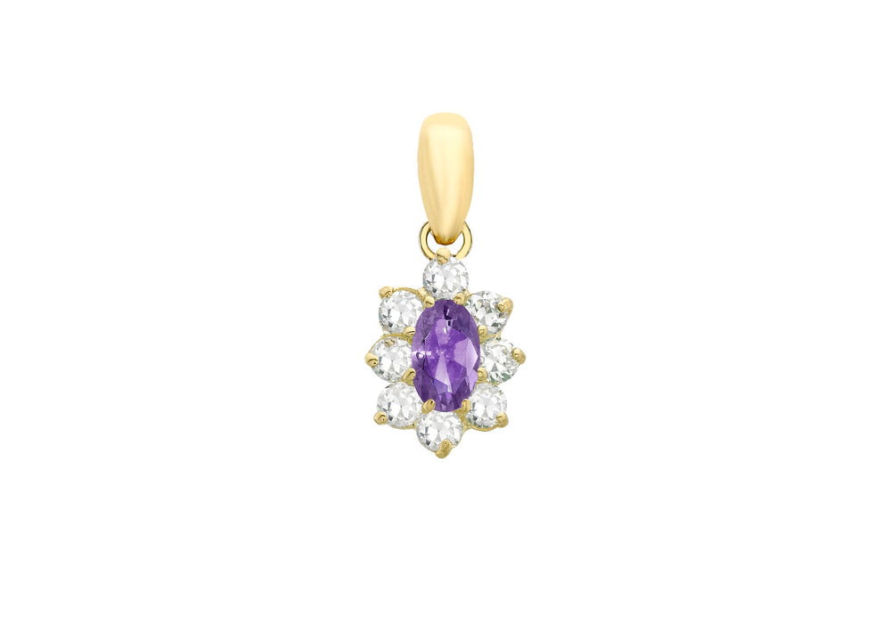 9ct Yellow Gold Purple and White Zirconia  Oval Flower Pendant