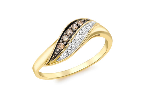 9ct Yellow Gold 0.13ct Brown & White Diamond Wave Ring