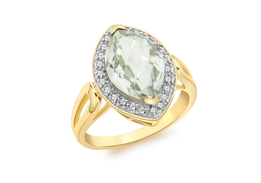 9ct Yellow Gold 0.15t Diamond and Marquise Green Amethyst Ring