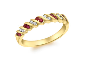 9ct Yellow Gold 0.10ct Diamond and Ruby Wave Ring