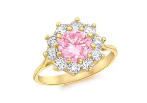 9ct Yellow Gold Pink Zirconia  Solitaire with White Zirconia  Cluster Ring