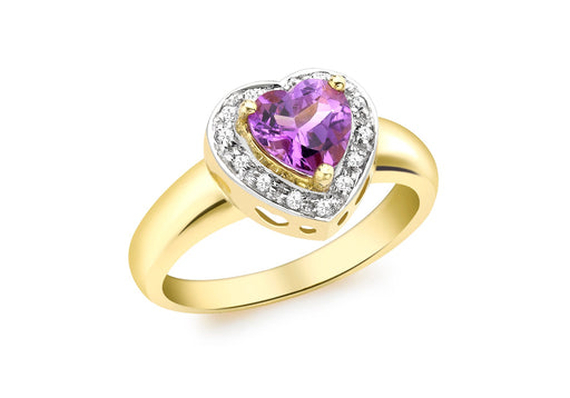 9ct Yellow Gold 0.10ct Diamond and Amethyst Heart Ring