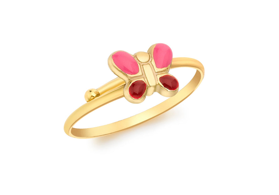 9ct Yellow Gold Pink and Rose Enamel Butterfly Adjustable Ring