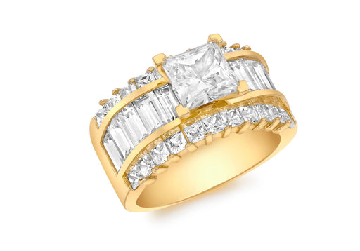 9ct Yellow Gold Square and Baguette Zirconia  Cluster Ring