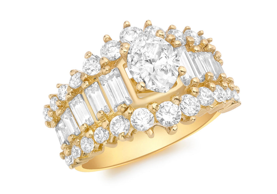 9ct Yellow Gold Oval and Baguette Zirconia  Cluster Ring