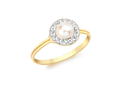 9ct Yellow Gold Zirconia  and Pearl Round Ring