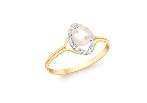 9ct Yellow Gold Zirconia  and Pearl Elliptic Ring
