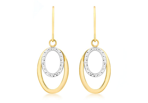 9ct 2-Colour Gold Diamond Cut Double Oval Drop Earrings