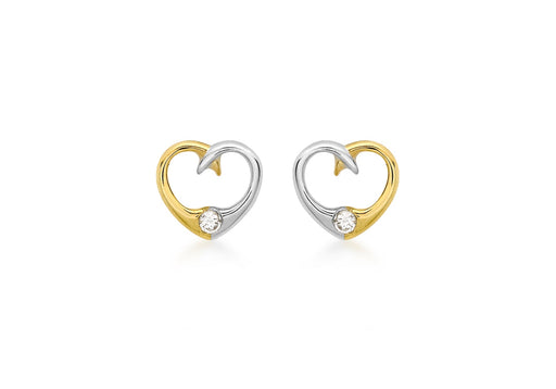 9ct 2-Colour Gold Zirconia  9mm x 8mm Heart Stud Earrings