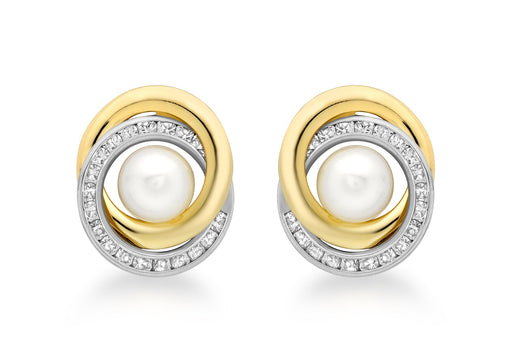 9ct 2-Colour Gold 15mm Zirconia  and Pearl Swirl Stud Earrings