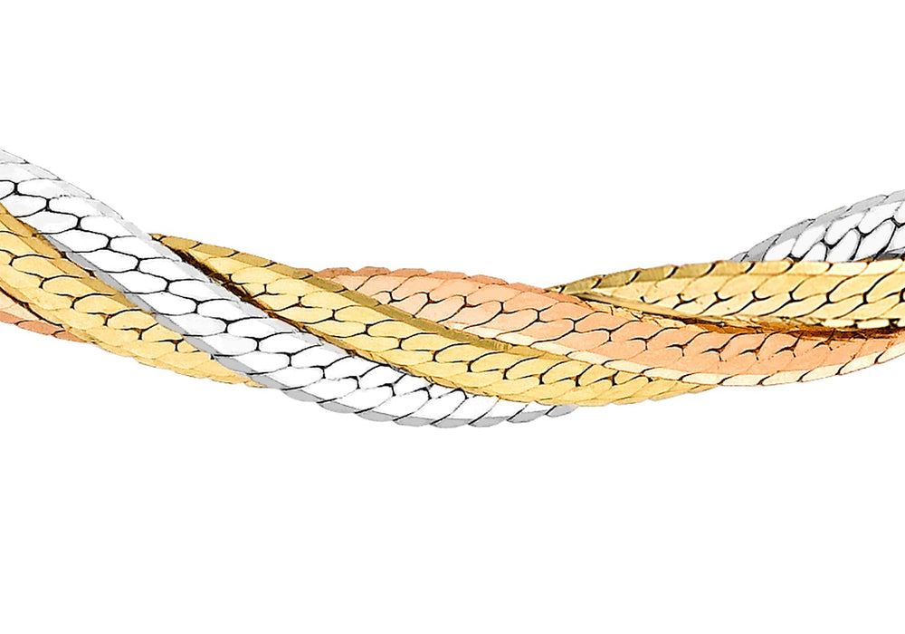 Vierfach geflochtene Fischgrätenkette aus 9 Karat 3-Farben-Gold