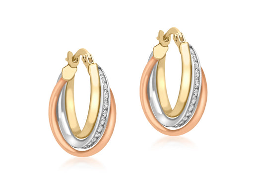9ct 3-Colour Gold Zirconia  Intertwined Rings Creole Earrings