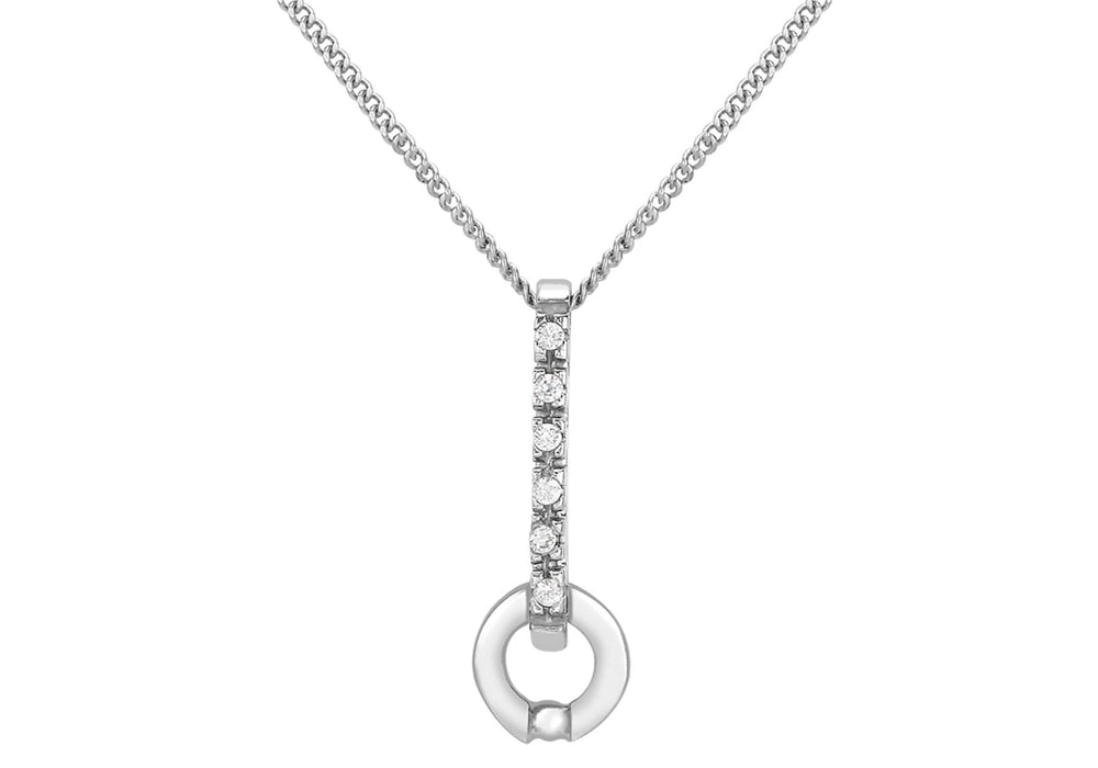 9ct White Gold CZ Bar and Circle Drop Pendant on Chain Necklace - Dynagem 