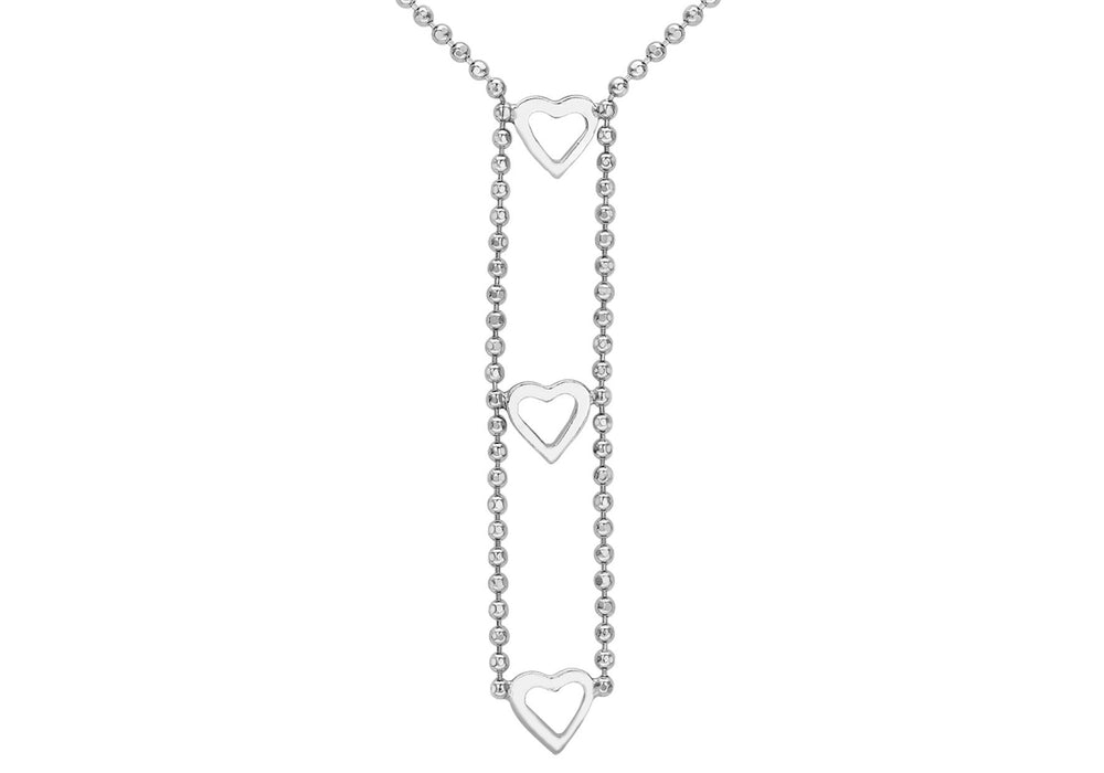 9ct White Gold Triple-Heart and Ball Chain Necklace 43cm/17" - Dynagem 