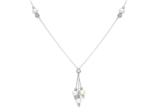 9ct White Gold Pearl Cluster Drop on Snake Chain Necklace 43cm/17" - Dynagem 