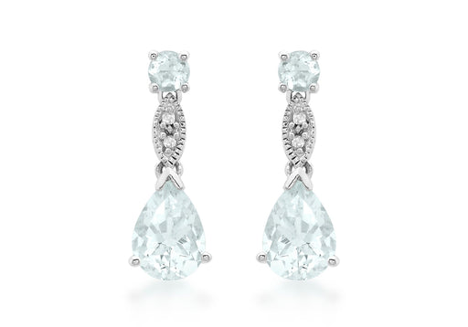 9ct White Gold 0.02ct Diamond Aquamarine Drop Earrings