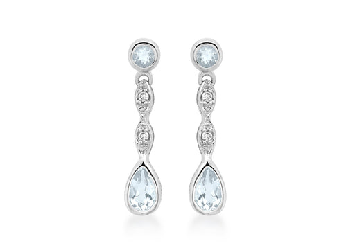 9ct White Gold 0.03t Diamond Aquamarine Drop Earrings