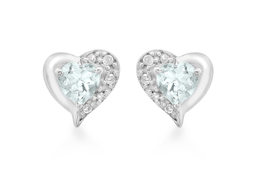 9ct White Gold 0.04t Diamond and Aquamarine Heart Stud Earrings
