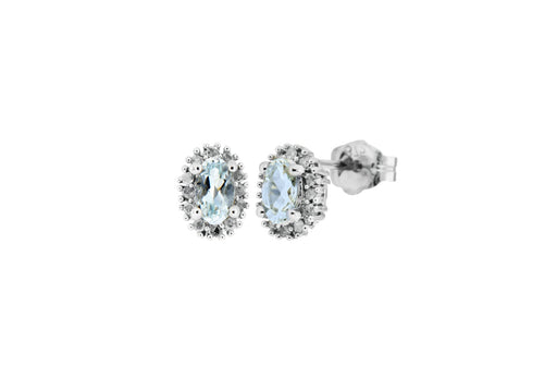 9ct White Gold 0.10ct Diamond Cluster and Oval Aquamarine 5mm x 7mm Stud Earrings