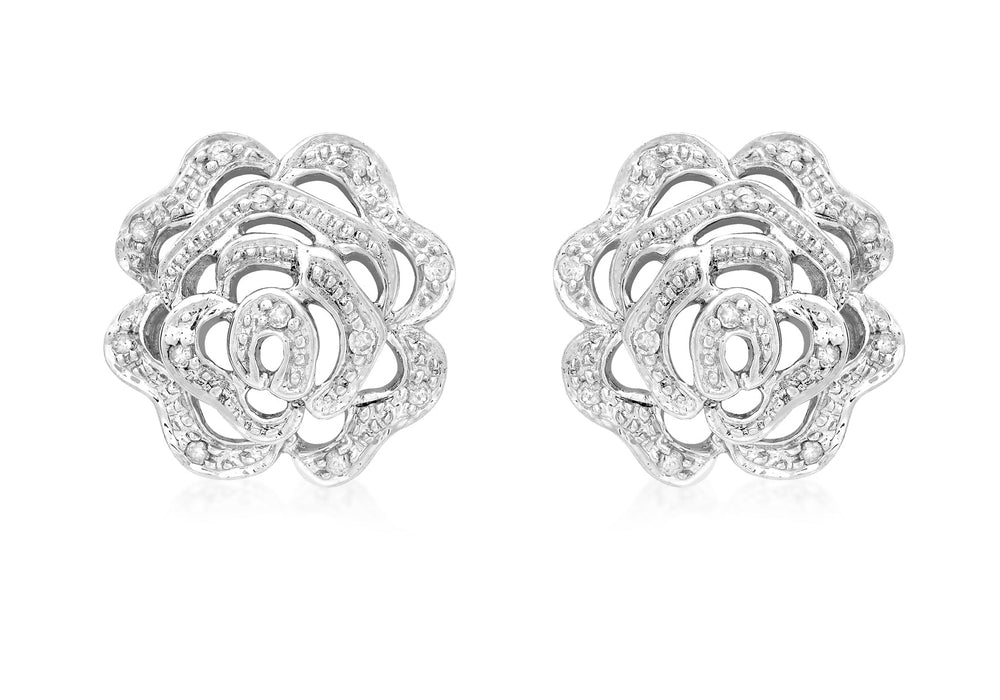 9ct White Gold 0.10ct Diamond Rose Stud Earrings